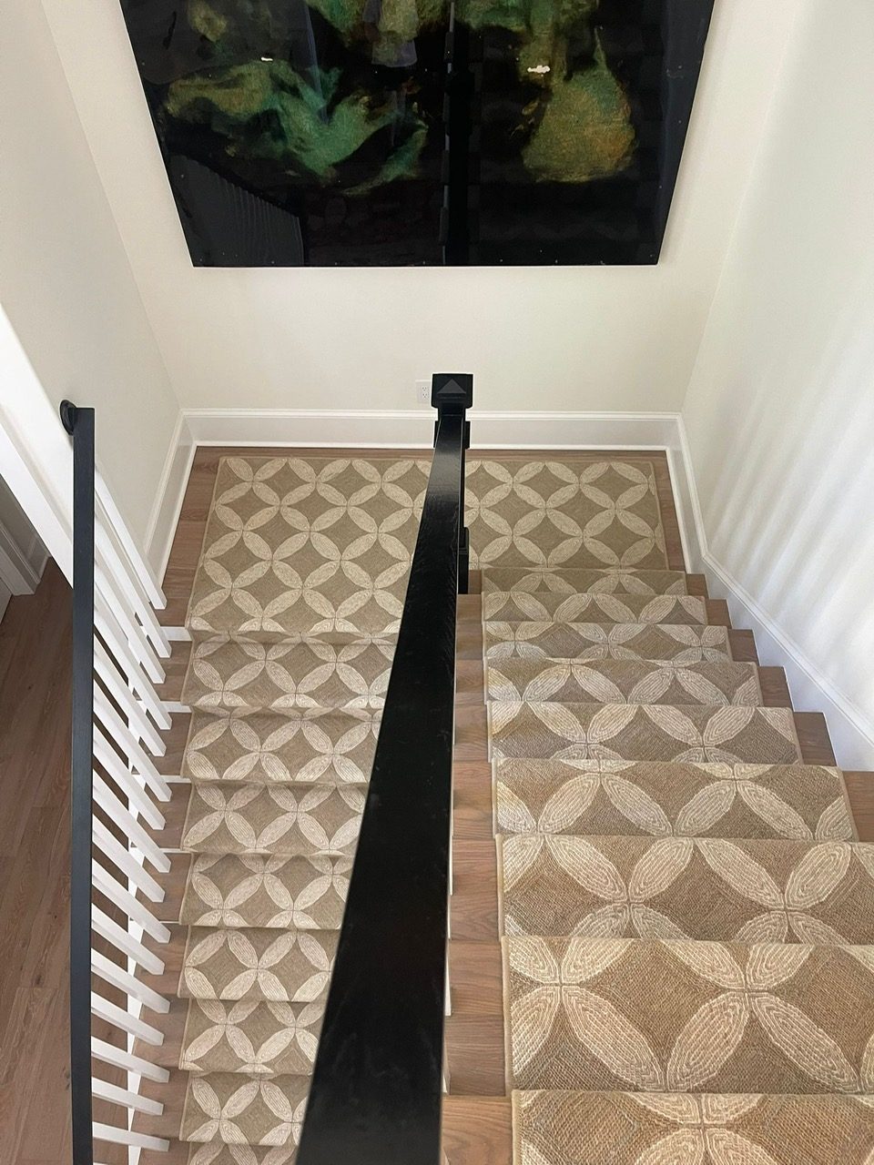 Natural circle-lattice patterned runner on stairs and landing