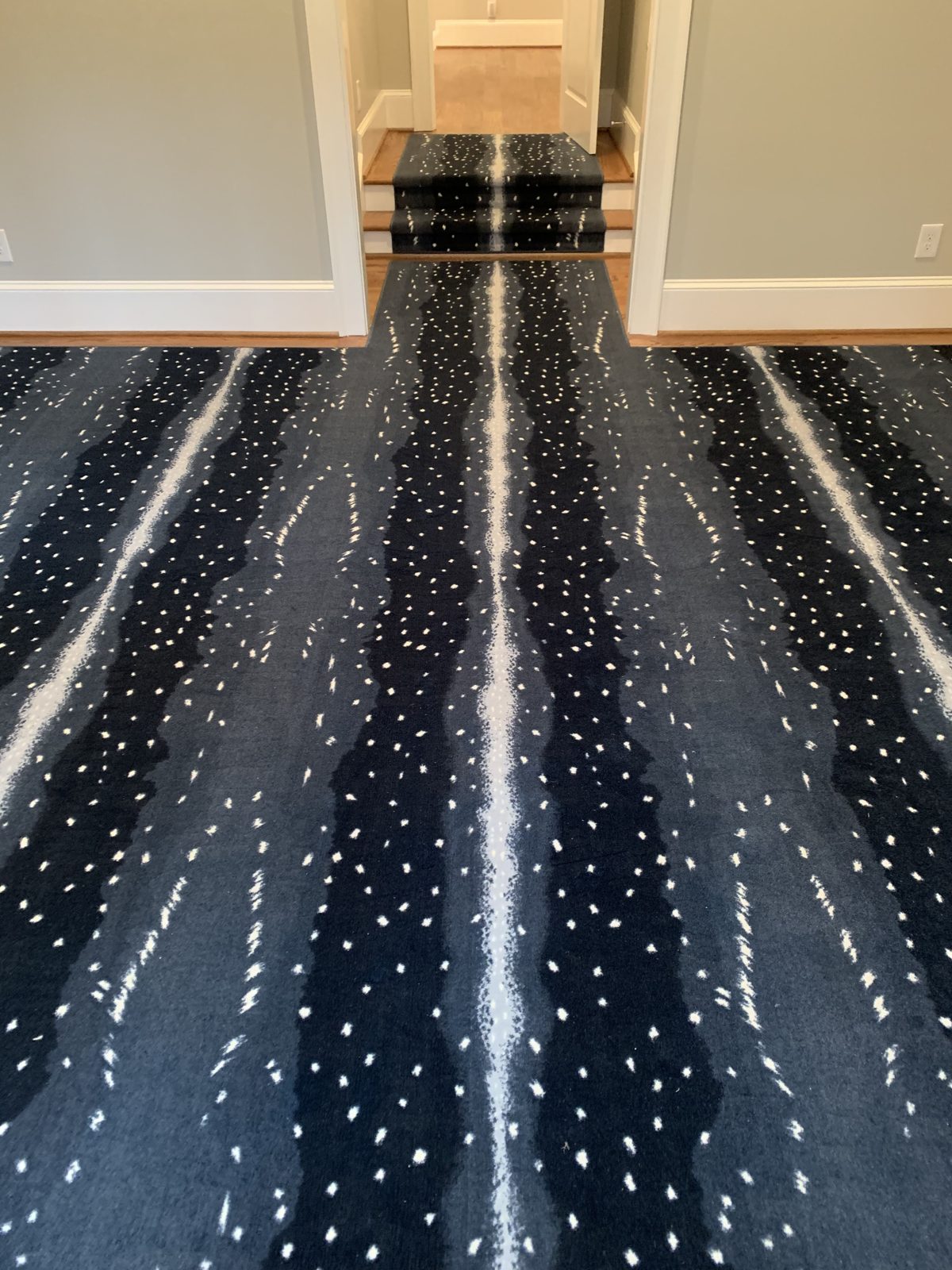 Navy antelope-print stair runner on a straight staircase